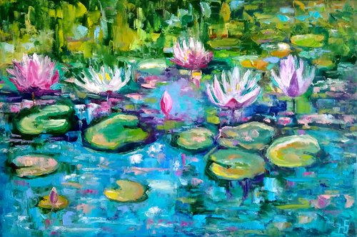 Nympheas, Water Lily Painting Original Art Monet Pond Landscape Artwork Floral Wall Art, 60x40 cm, ready to hang. by Yulia Berseneva