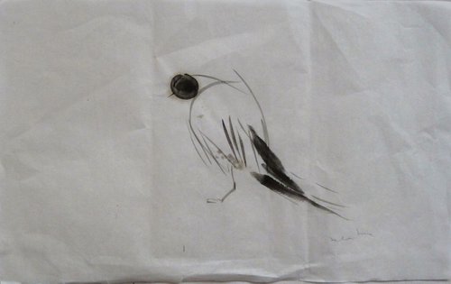 Minimalist Bird, ink painting on chinese paper, 33x53 cm by Frederic Belaubre
