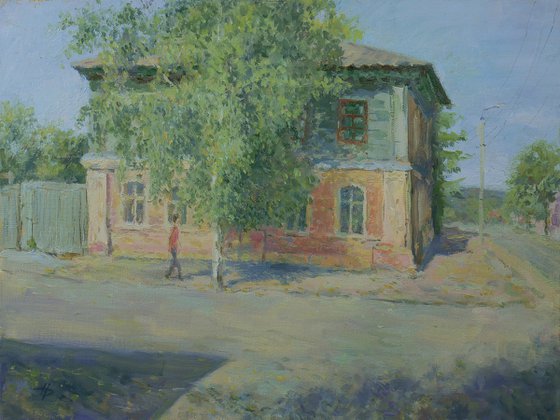 The sunny September day in Yelets - autumn cityscape painting