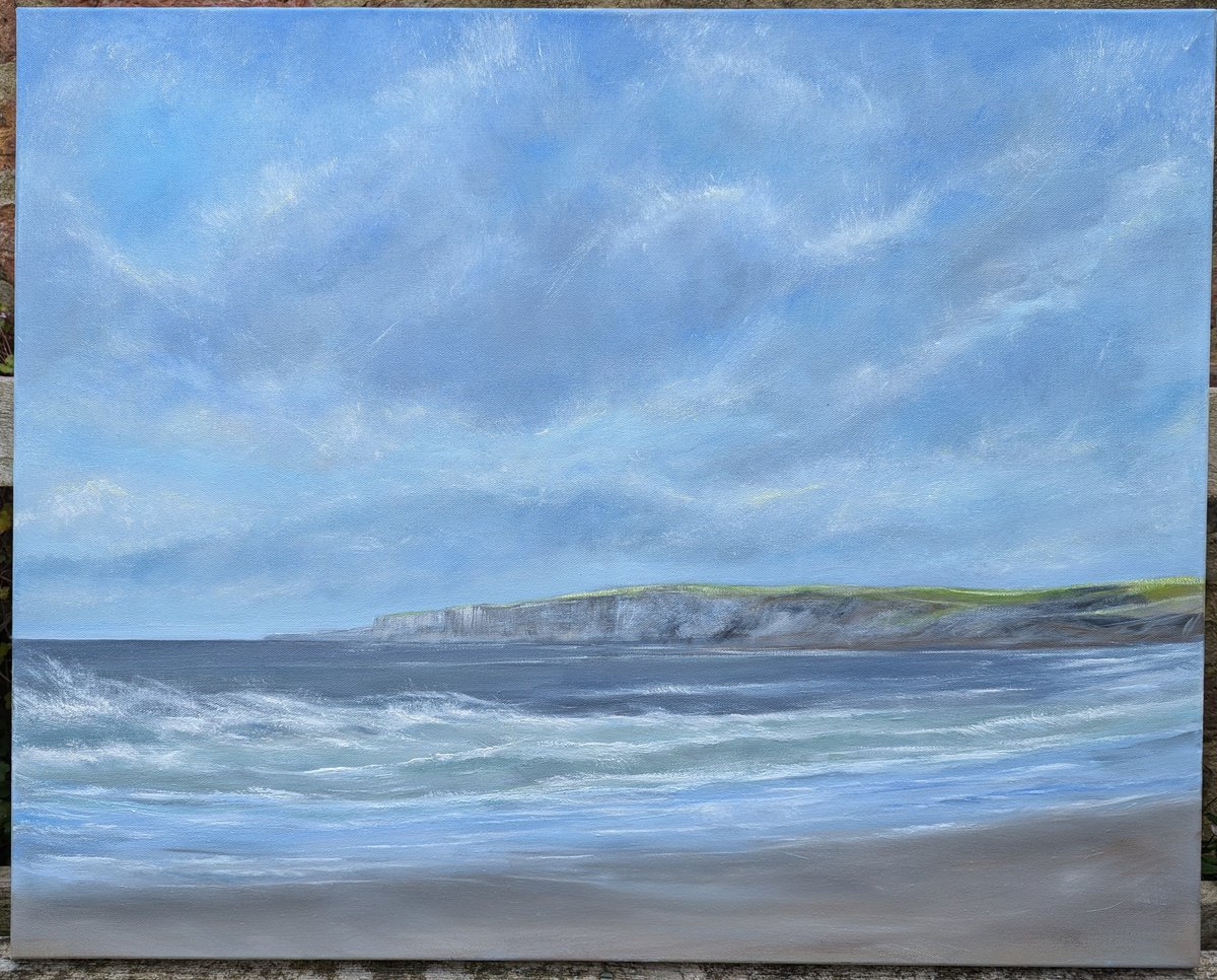 Impressionistic Landscape Oil Painting By Sarah Louise Armstrong, 28 X 24", Choppy Sea Filey, Original Artwork