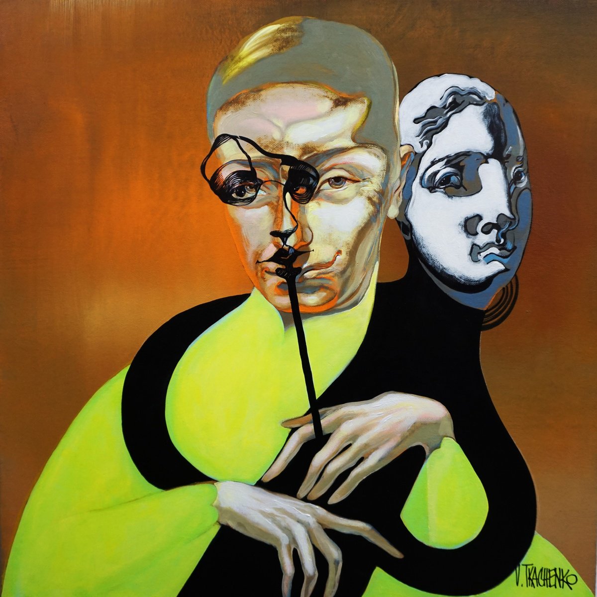 Organic Portrait Acrylic Painting By Victor Tkachenko, 24 X 24", Ventriloquist, Original Artwork