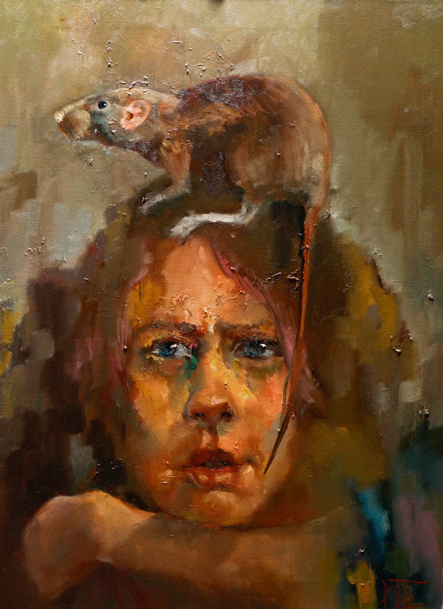 Impressionistic Portrait Oil Painting By Pavel Filin, 22 X 30", My Friend Is A Rat, Original Artwork