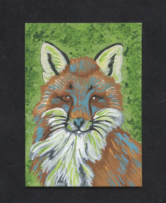 ACEO ATC Original Miniature Painting Colorful Red Fox Wildlife Art-Carla Smale