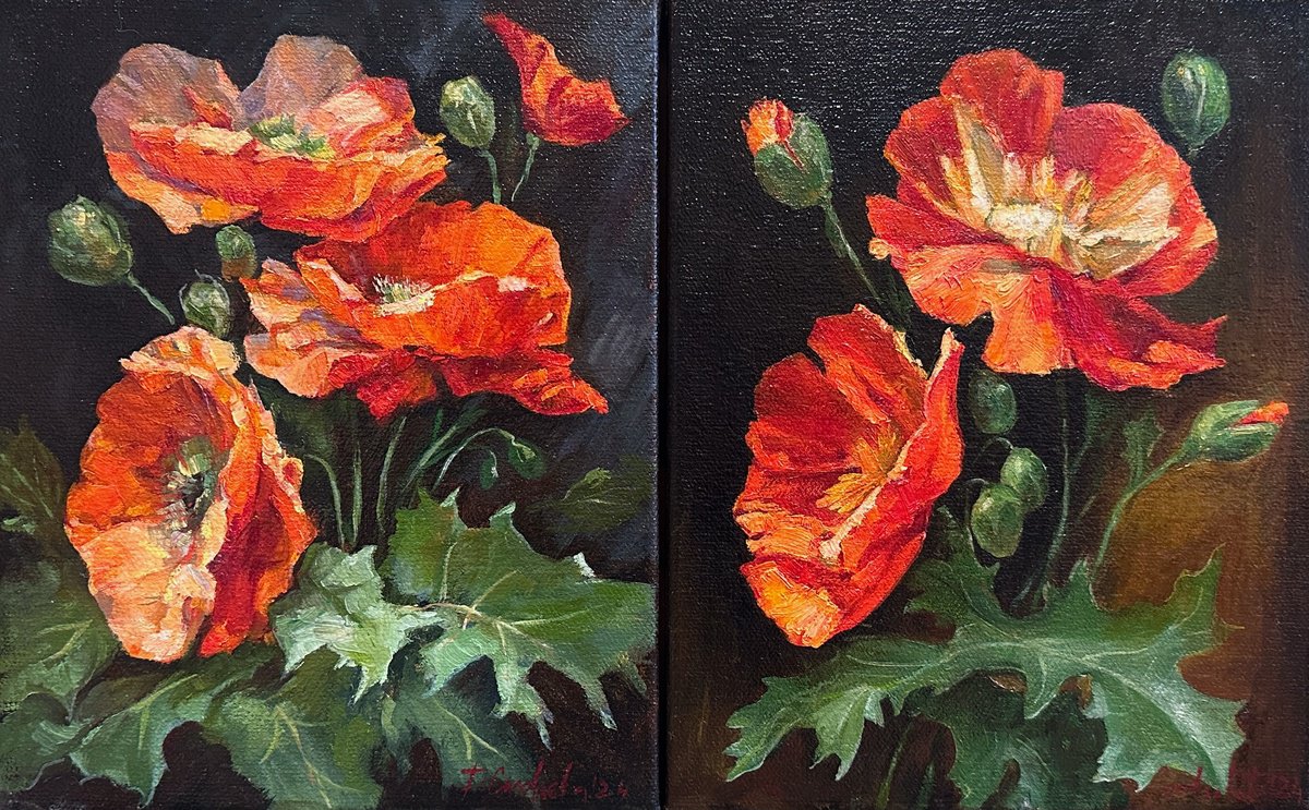 Impressionistic Botanical Oil Painting By Daria Yablon-Soloviova, 19 X 12, Poppies: Flame (Diptych, 2 Panels), Original Artwork