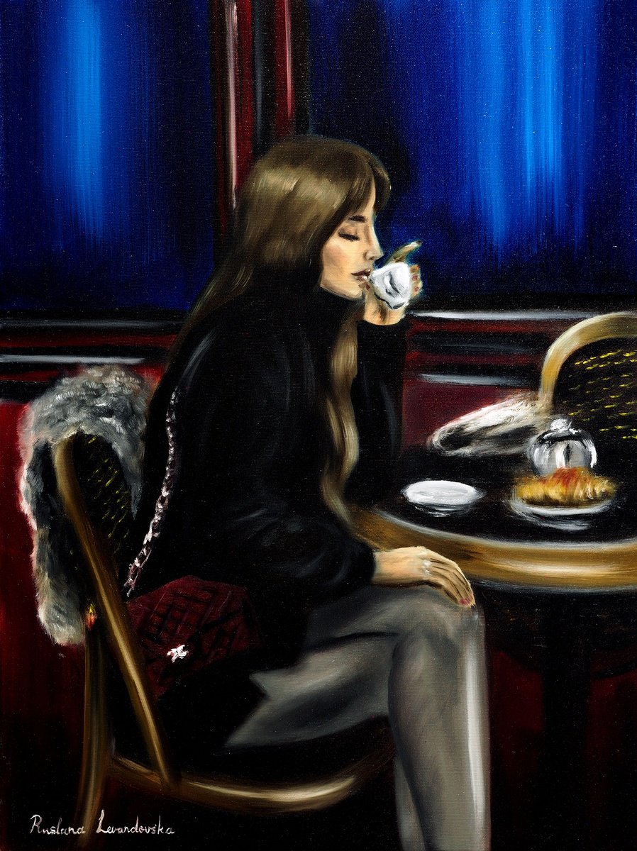 Impressionistic Portrait Oil Painting By Ruslana Levandovska, 18 X 24", Woman At A Paris Cafe Ii, Original Artwork