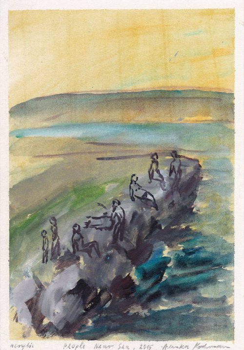 People Near Sea, Lucija, August, 2015_acrylic on paper 29,6 x 20,7 cm by Alenka Koderman