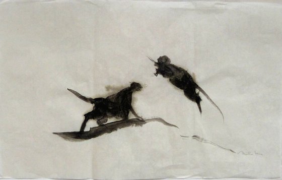 Two cats 1, ink painting on chinese paper, 33x53 cm