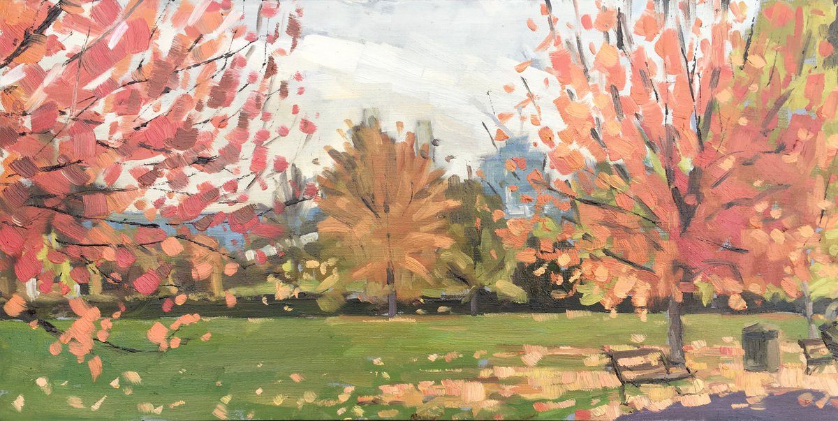Impressionistic Landscape Oil Painting By Louise Gillard, 12 X 6", Autumn In Battersea Park, Original Artwork