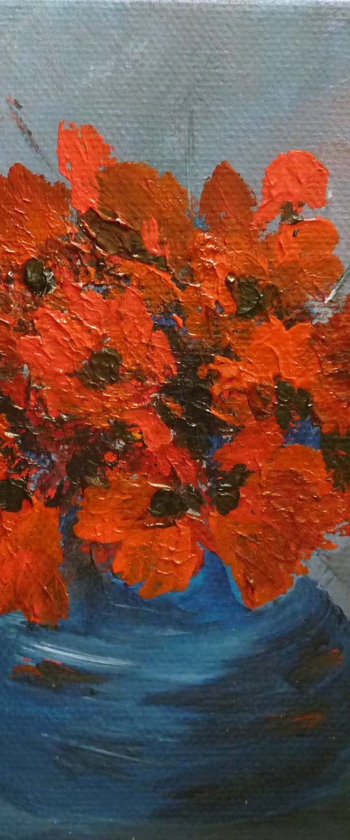 A Blue Bowl of Red Poppies by Margaret Denholm