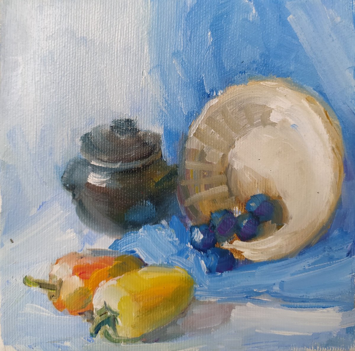 Impressionistic Still Life Oil Painting By Valentina Andrukhova, 6 X 6", Still Life With Peppers, Original Artwork