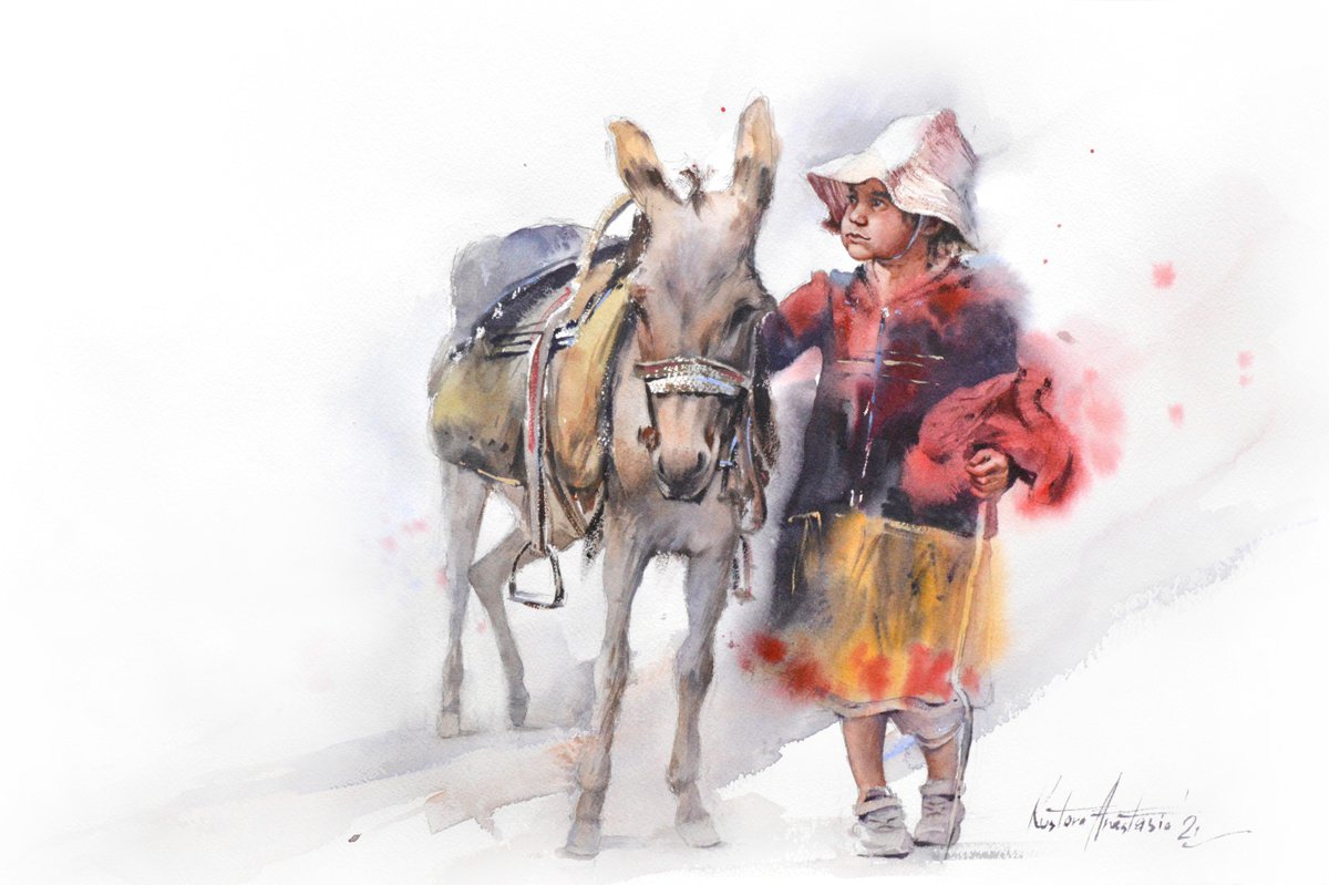 Girl and donkey by Anastasia Kustova