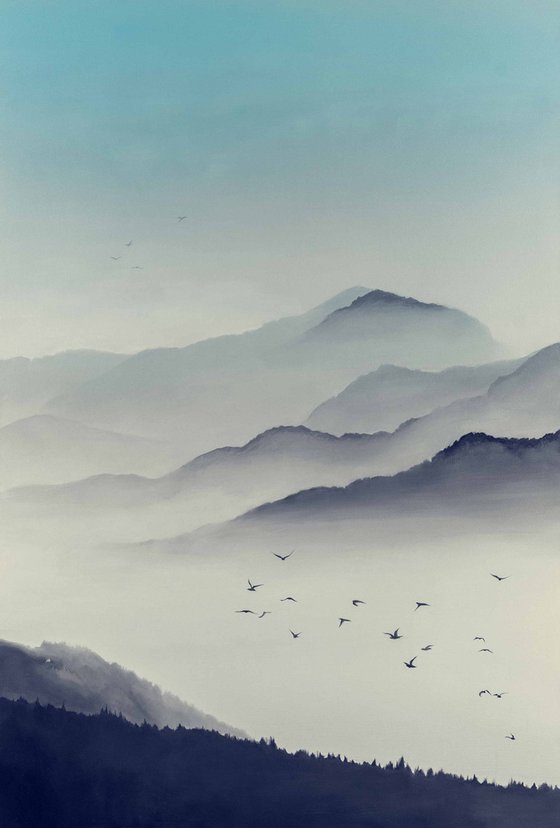 "Morning Haze" Blue landscape oil art
