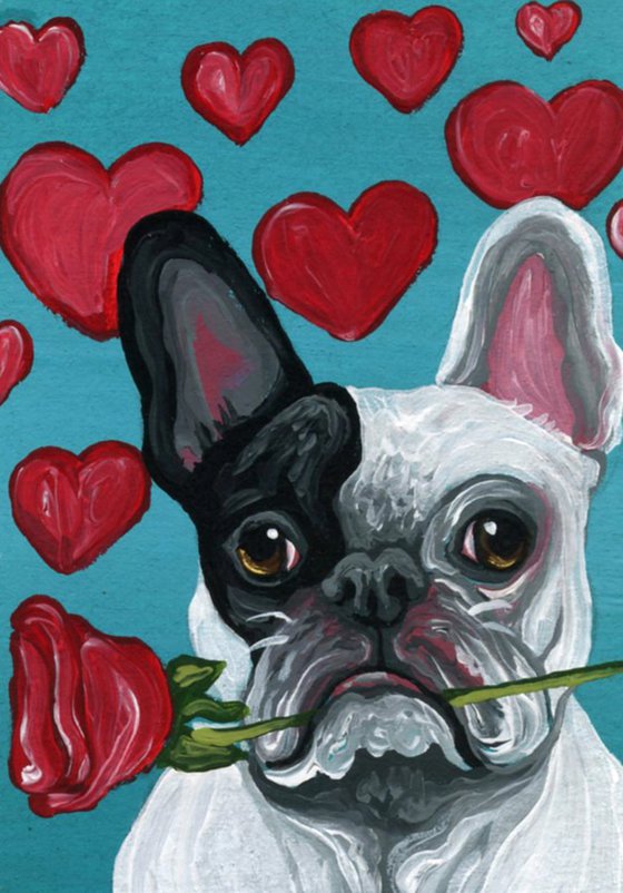 ACEO ATC Original Painting French Bulldog Valentine Pet Dog Art-Carla Smale