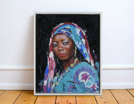 Lateefa - Framed African Female Portrait Oil Painting On Board