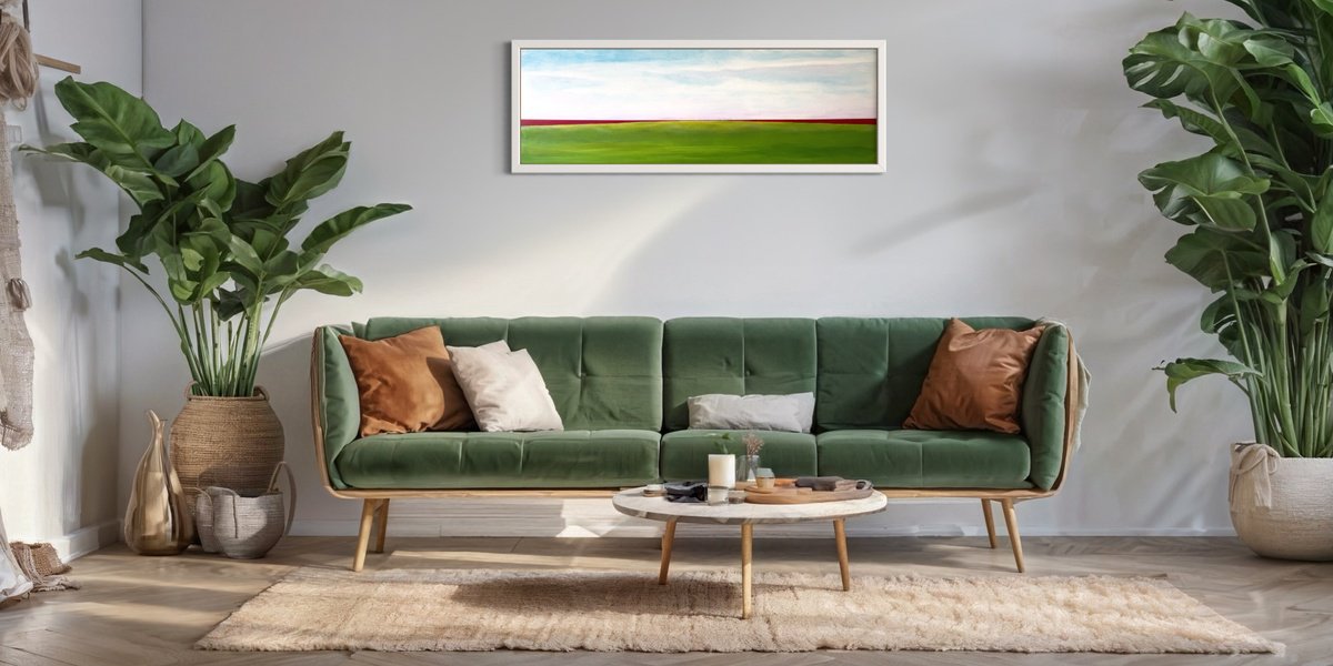 Impressionistic Landscape Acrylic Painting By Km Arts, 47 X 16", To The Poppy Fields, Original Artwork