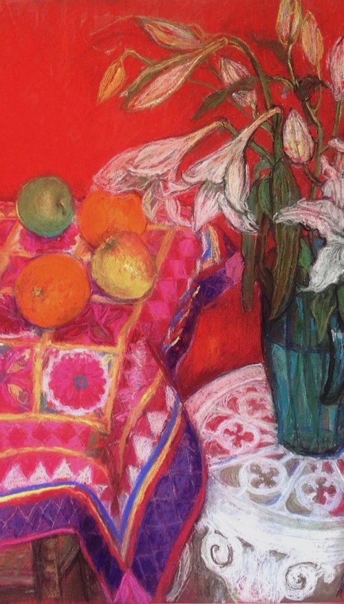 RED STILL LIFE WITH ORANGES AND APPLES by Patricia Clements