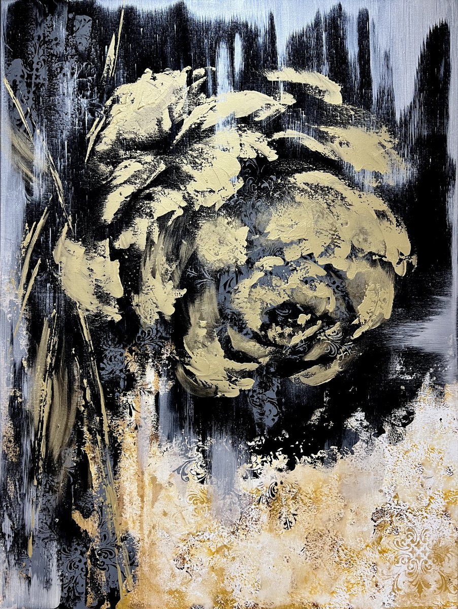 Golden and Black abstract painting. Black gold abstraction flower. AMAZING GOLD FLOWERS. by Marina Skromova