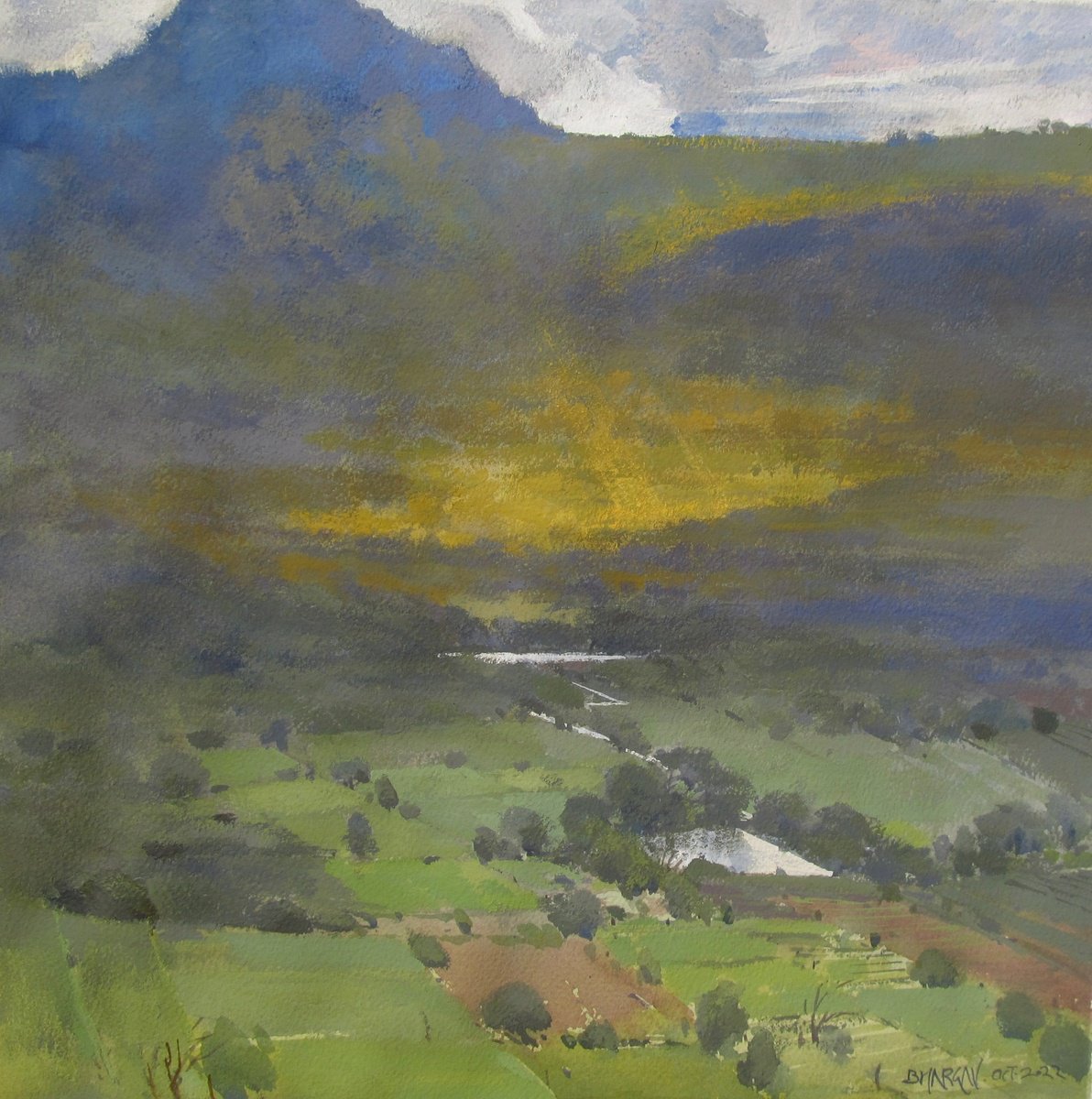 Impressionistic Landscape Painting By Bhargavkumar Kulkarni, 14 X 14, Play Of Cloud Shadows, Original Artwork