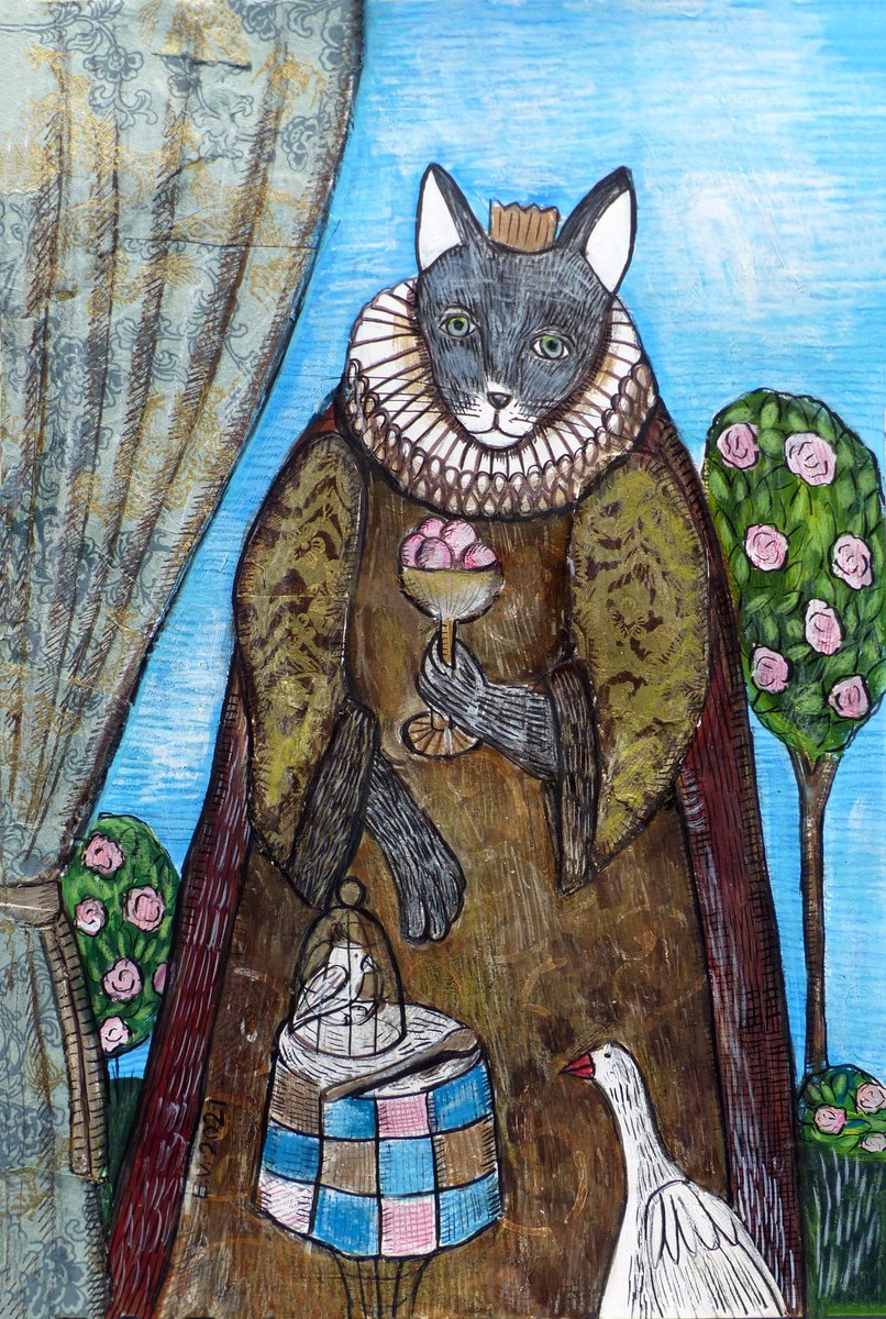 Surrealistic Animal Painting By Elizabeth Vlasova, 12 X 18, Queen Cat, Original Artwork