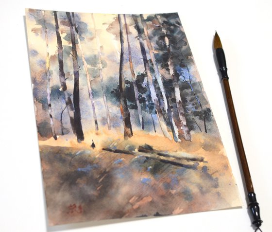 Forest at dusk, watercolor painting