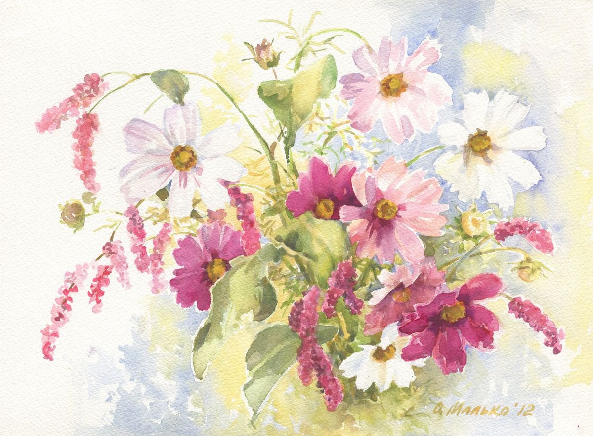 Photorealistic Watercolour , Cosmea. Summer Bouquet By Olha Malko, 15 X 11, Artwork For Sale On Artfinder