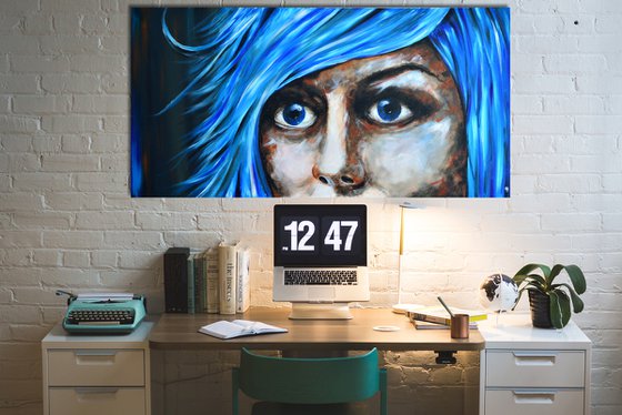 Blue Fear - XXL Original New Contemporary Art Painting Portrait on Large Canvas Ready to Hang