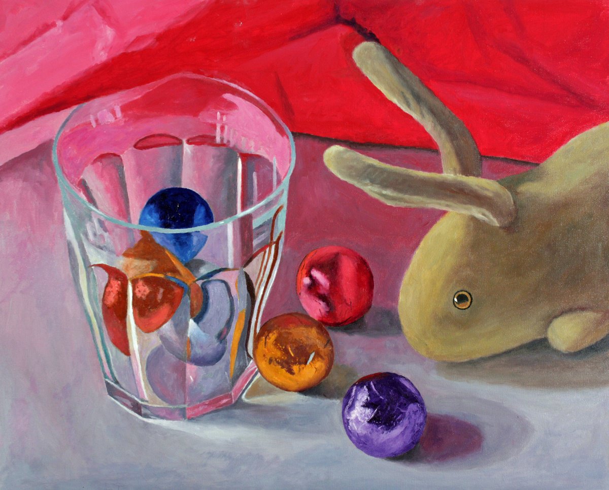Photorealistic Still Life Oil Painting By Douglas Newton, 30 X 24, Rabbit And Glass, Original Artwork
