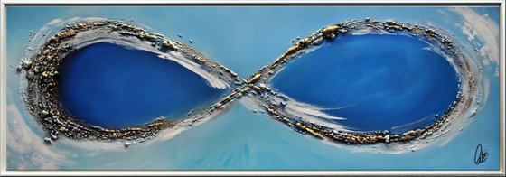 Infinity - abstract acrylic painting, canvas wall art, blue, black, white gold, framed modern art