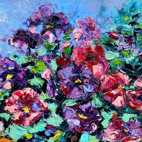 Country Life, 50*60, impressionistic oil still life garden flowers painting with impasto texture