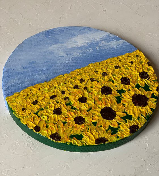 Sunflower field! Impasto painting on round canvas! Ready to hang