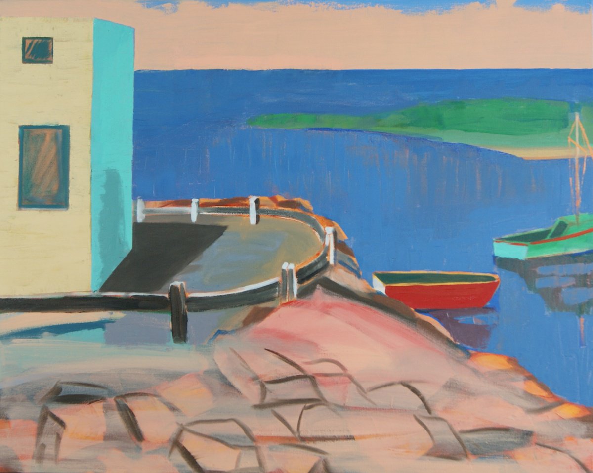 Geometric Oil Painting , Red Boat By Patty Rodgers, 30 X 24, Artwork For Sale On Artfinder
