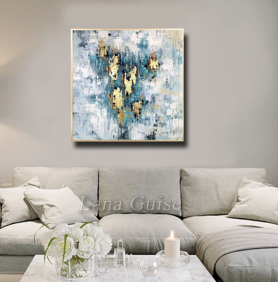 Sky Reflect - Abstract Painting 36" , Gold Leaf Large Painting, Wall Art, Abstract Art, Contemporary Art, Living Room Minimalist Painting