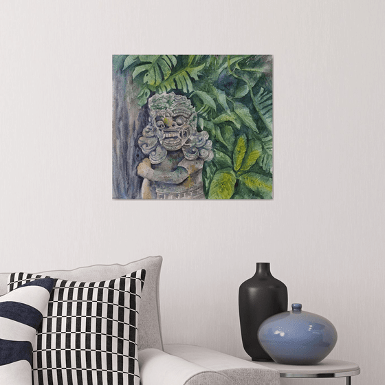 Sculpture in the jungle in Bali - original watercolor from travel to Bali