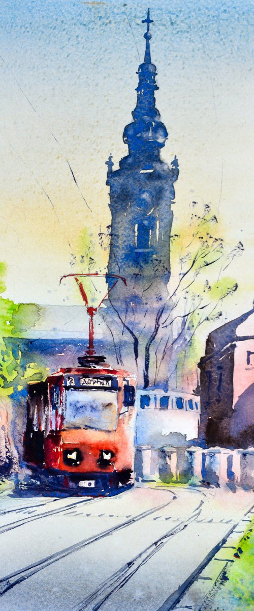 Red tram in old town Belgrade 17x36 cm 2022 by Nenad Kojić watercolorist