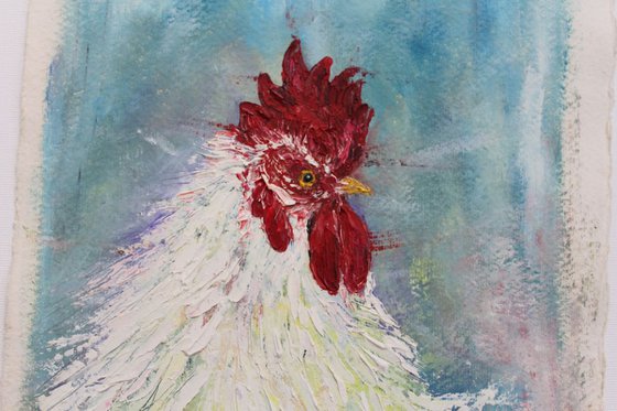 White Rooster - Cock Oil painting on Khadi Handmade deckled edged paper - bird art - Easter - special cockerel