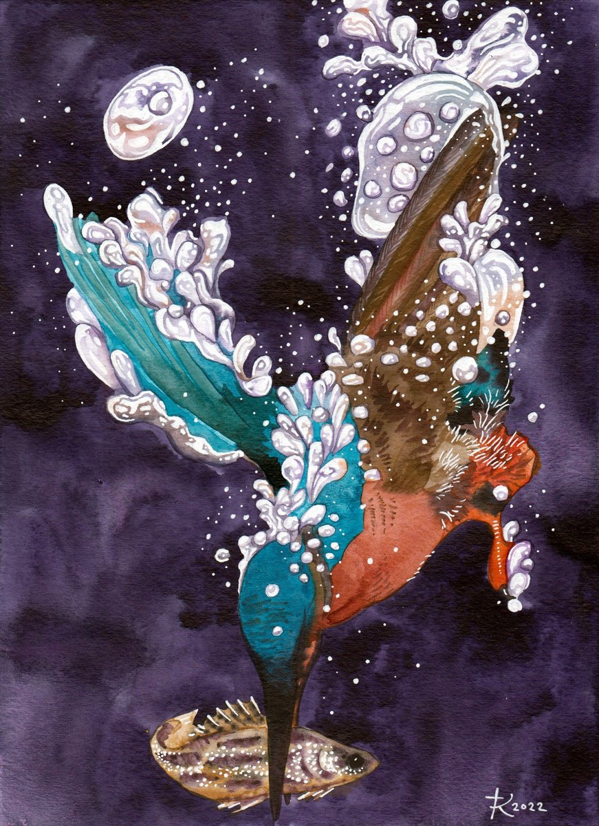 Illustrative Animal Painting By Terri Smith, 8 X 12", Kingfisher Dive, Original Artwork