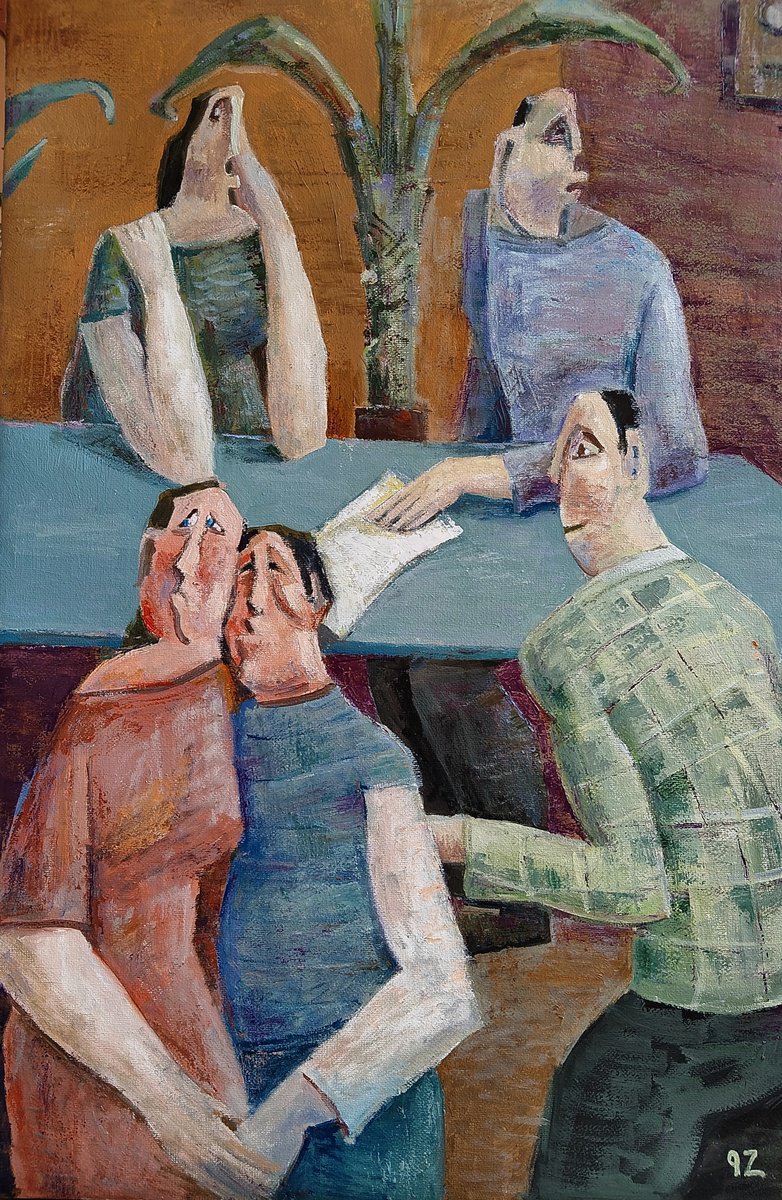 Expressive Portrait Oil Painting By Gegham Hunanyan, 16 X 24, The Family Meeting, Original Artwork