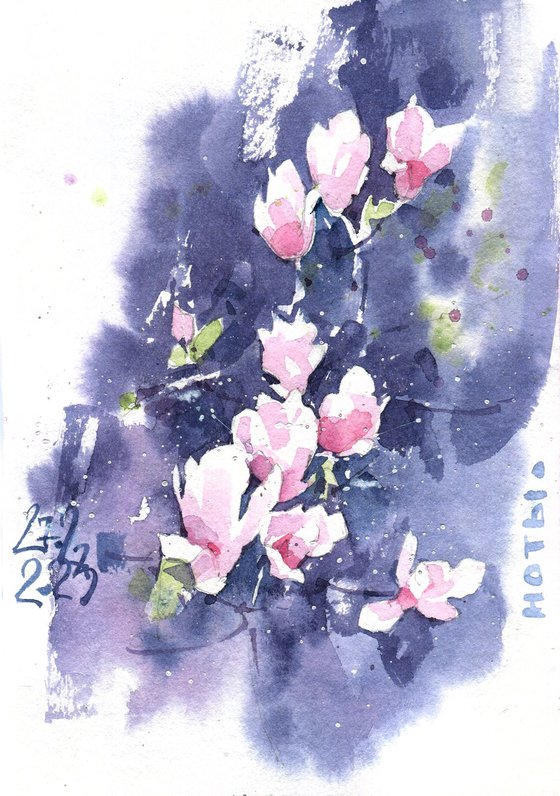 Watercolor sketch "Flowering branches of magnolias"