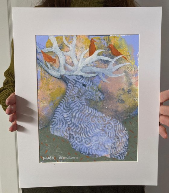 Blue Deer. Acrylic painting on paper, 8 x 10 in