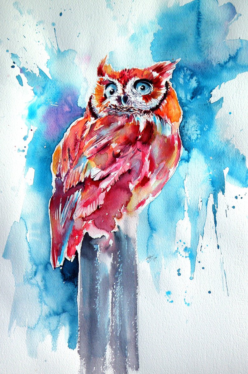 Impressionistic Watercolour , Cute Owl By Kovacs Anna Brigitta, 15 X 22, Artwork For Sale On Artfinder