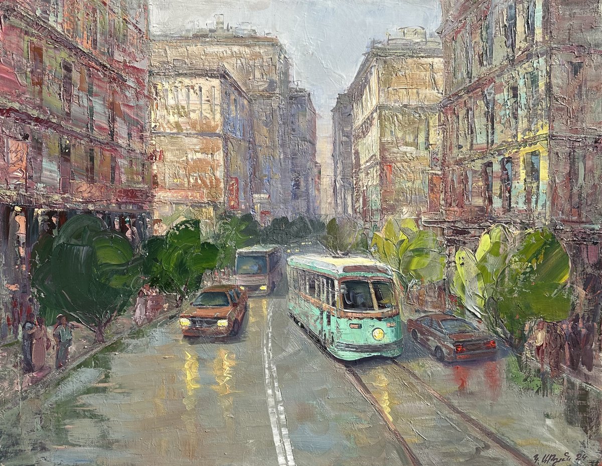 Impressionistic Cityscapes Oil Painting By Kamo Atoyan, 35 X 28", City Pulse, Original Artwork