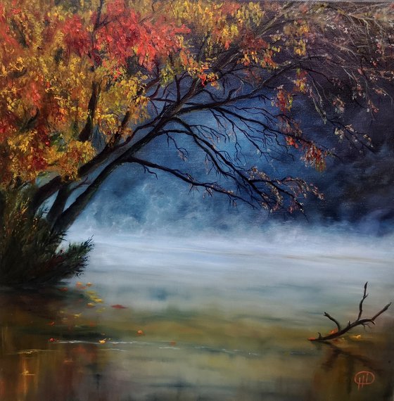 Reflection of autumn, oil painting, original gift, Autumn landscape, Landscape with foghome decor, Bedroom, Living Room, Blue, Leaves, yellow, reflection in water, Lake, Trees, Fog, driftwood, Witchcraft