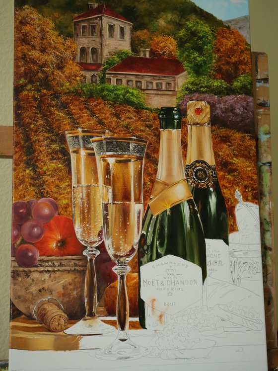 Elegant Wine Art, Champagne Bottle and Caviar