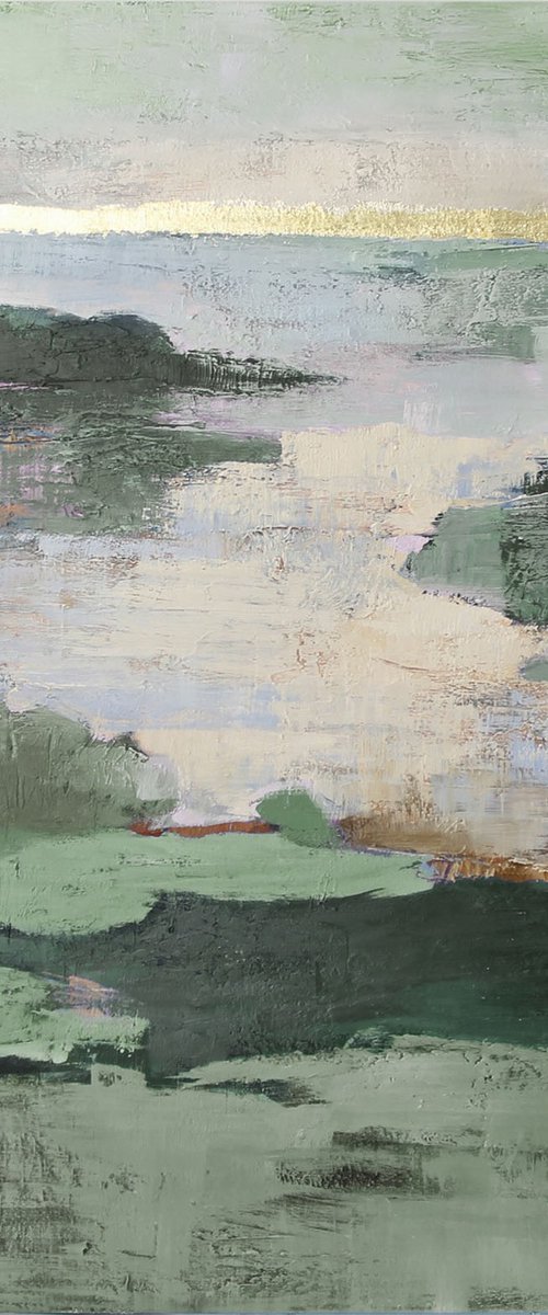 "Olive Estuary" sage green abstract landscape by Solomia Shara