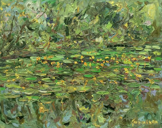 WATER LILIES - Waterscape - Landscape with Waterilies - Green Pond - Oil Painting for Sale