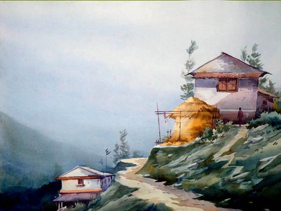 Mountain Village in Nepal - Watercolor Painting