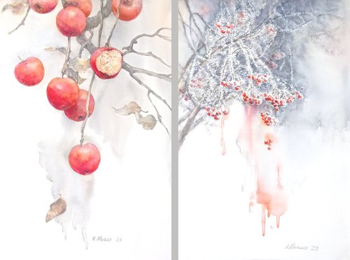 It seems like silence... (Diptych). The Broken Silence (The Bird that Broken the Silence). The Guelder-Rose Pigeon. ORIGINAL watercolor by Olha Malko