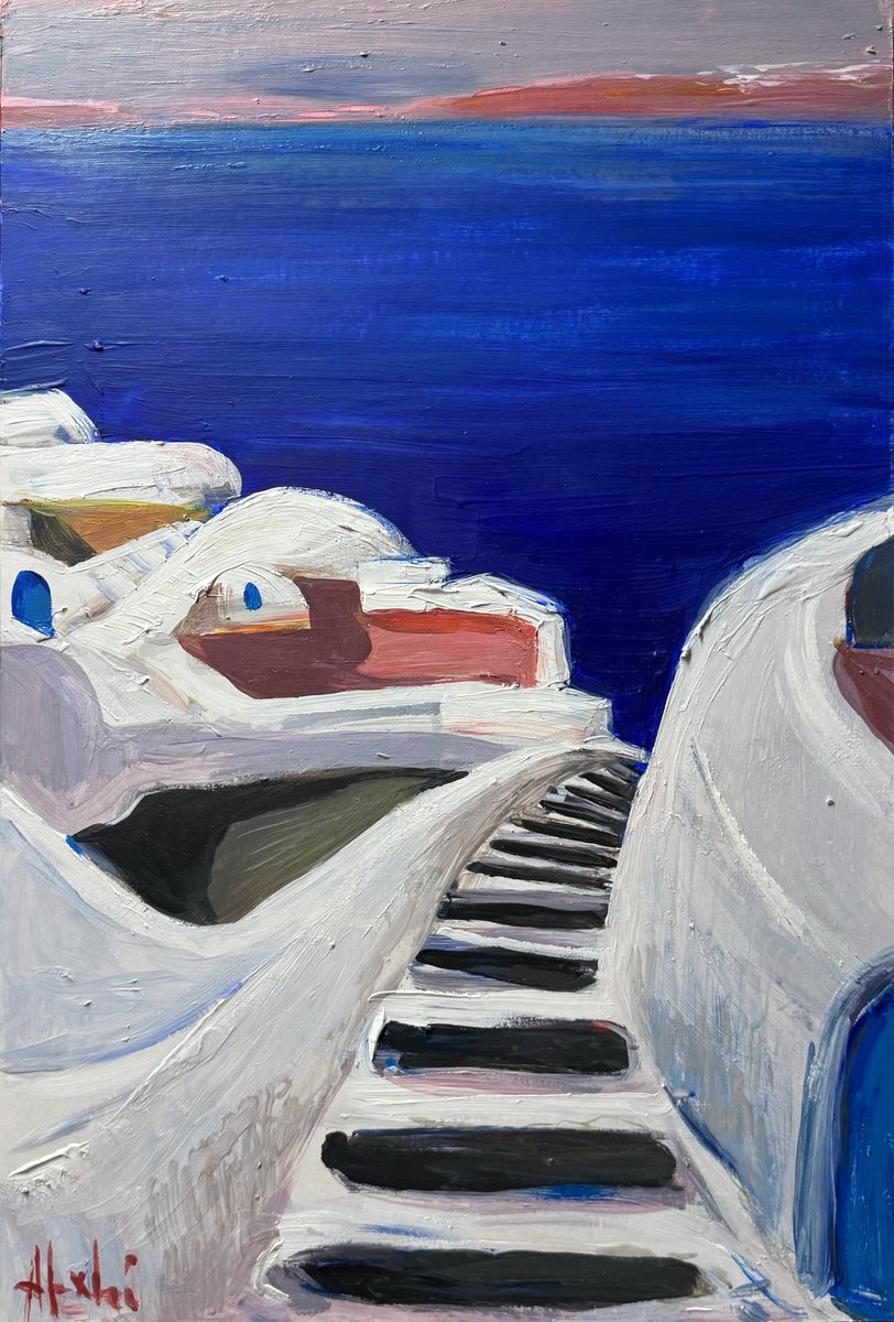 Impressionistic Cityscapes Acrylic Painting By Altin Furxhi, 16 X 24, Blue Santorini, Original Artwork