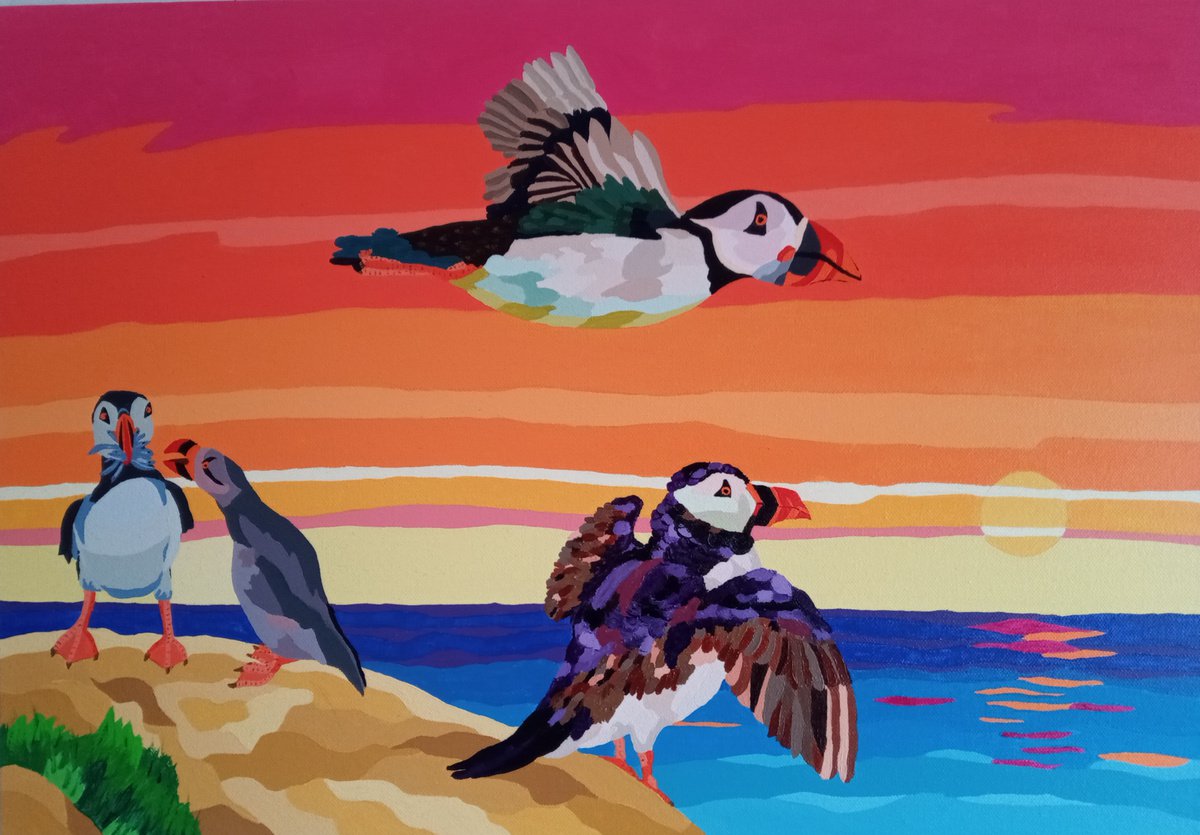 Naive Animal Acrylic Painting By Corinne Hamer, 23 X 17, Circus Of Puffins, Original Artwork