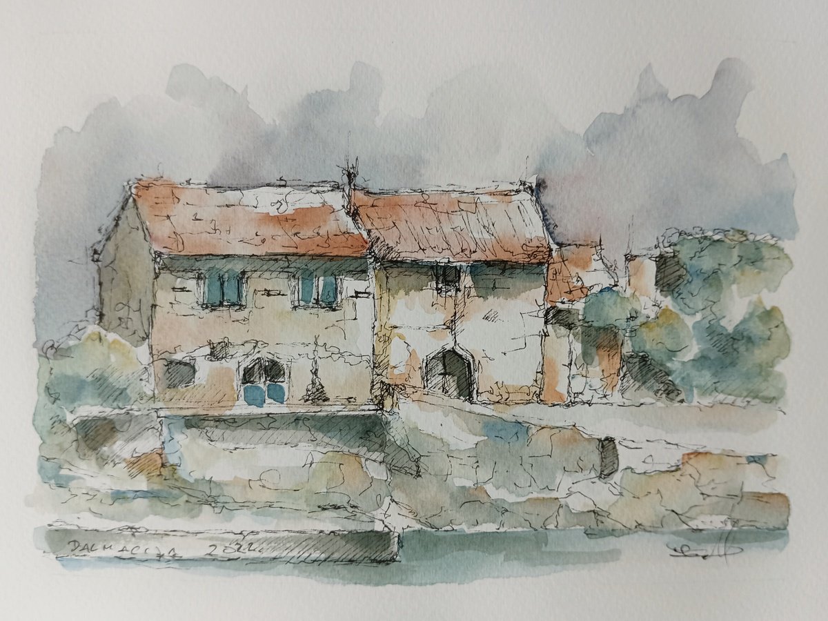 Old house on croatian coastline. Adriatic sea. Ink and watercolor on paper by Marinko Saric